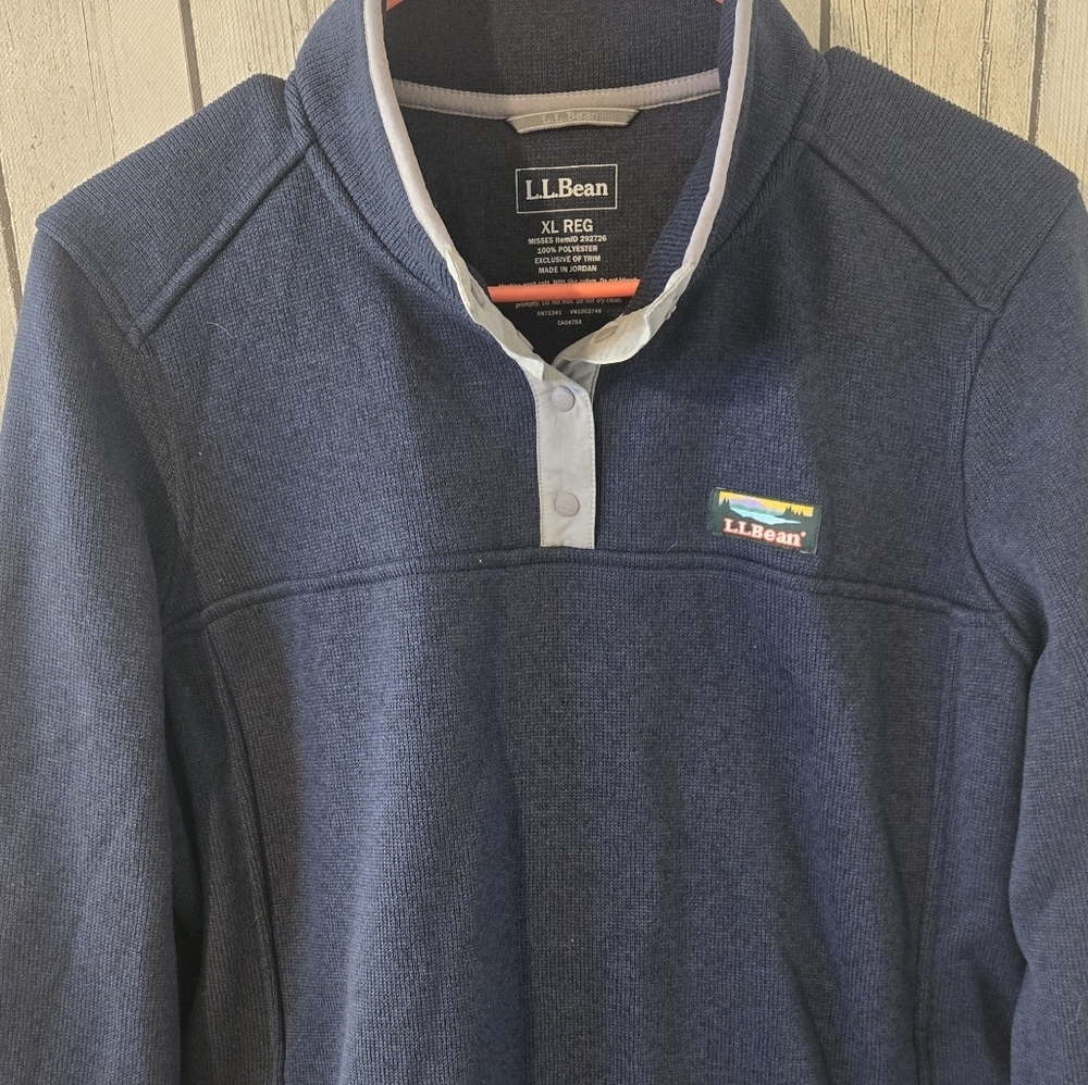 L.L. Bean Sweater Fleece Pullover Men's Size Large Navy Blue Quarter Button Up - Picture 4 of 8